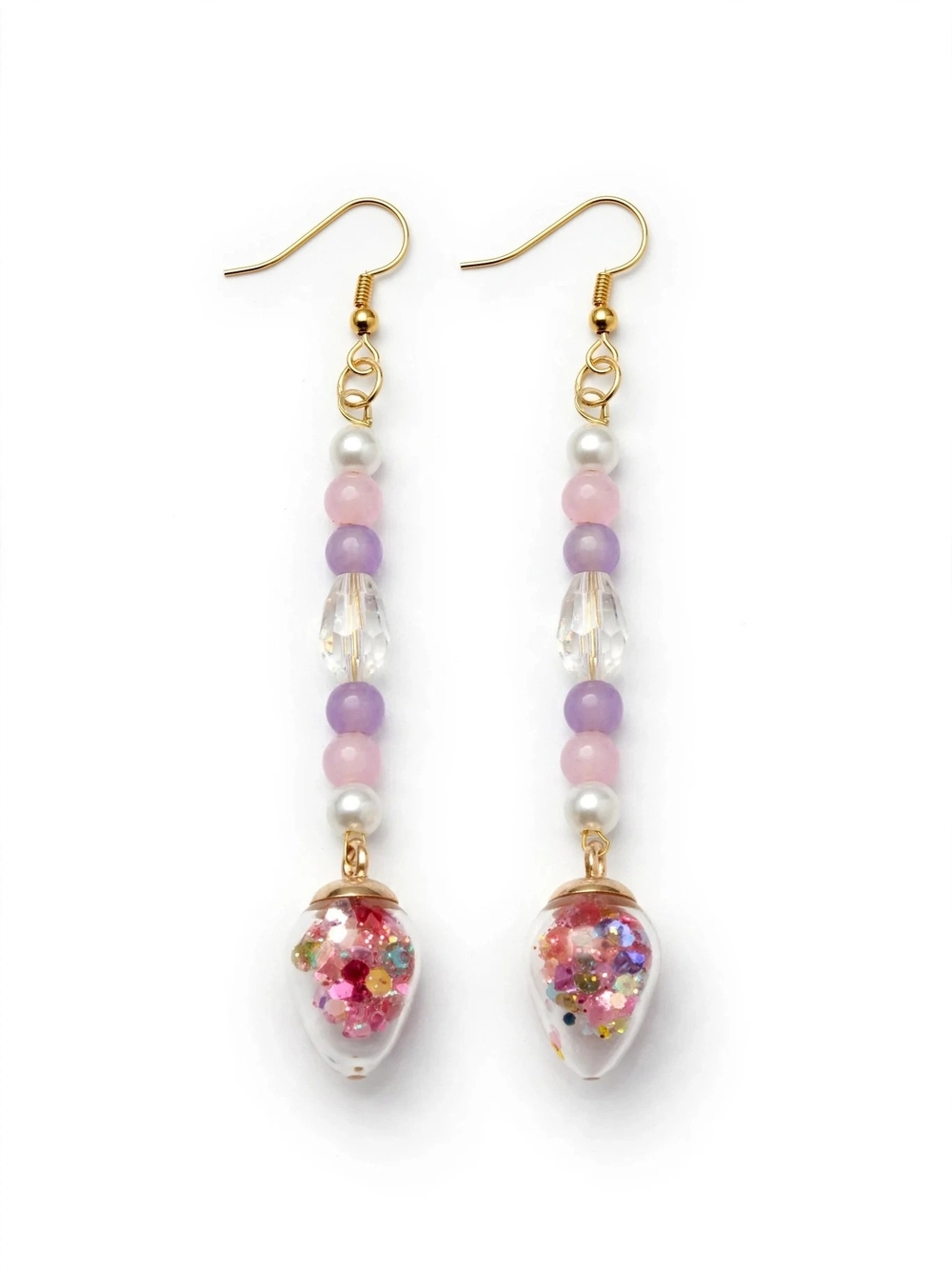 Gold-Tone Pink & Purple Beaded Drop Earrings with Glitter Teardrops